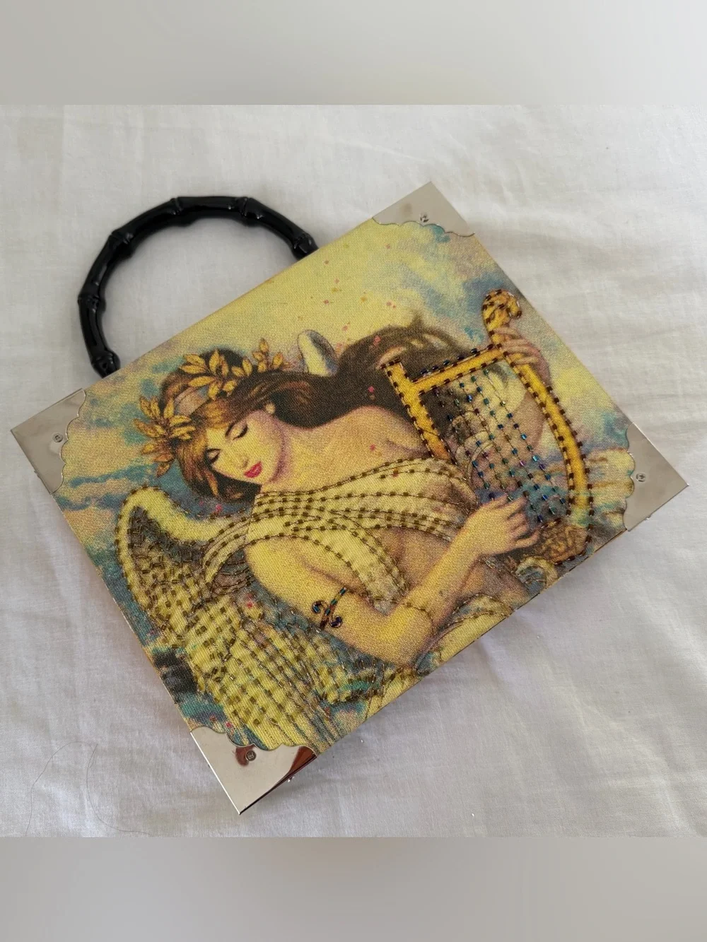 Toni Vance Double Chateau Cigar Box Angel Top-Handle Bag Art Nouveau Angel Harp